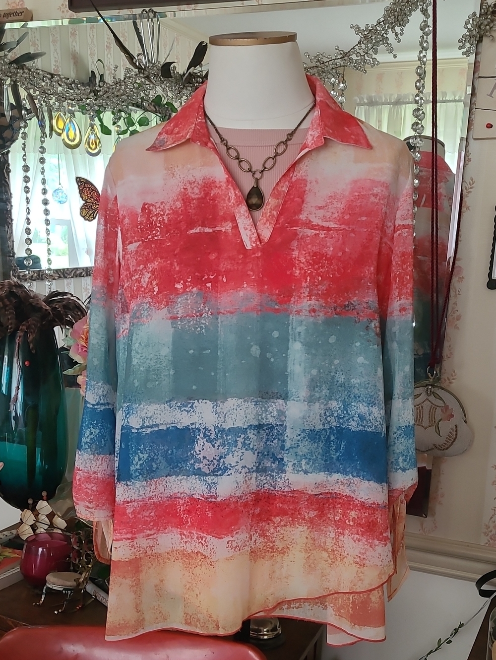 Colorblock Watercolor Tunic Top in Coral, Teal & Blue